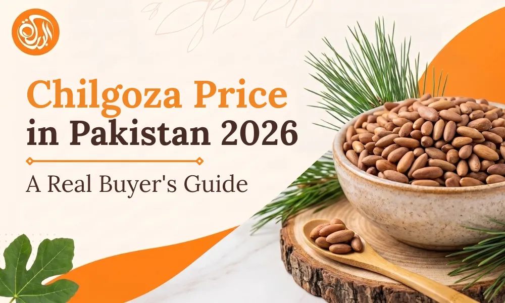 Chilgoza Pine Nuts Price in Pakistan 2026 featuring a bowl of premium chilgoza pine nuts with fresh pine branches, highlighting current pine nut prices and high-quality dry fruits in Pakistan.