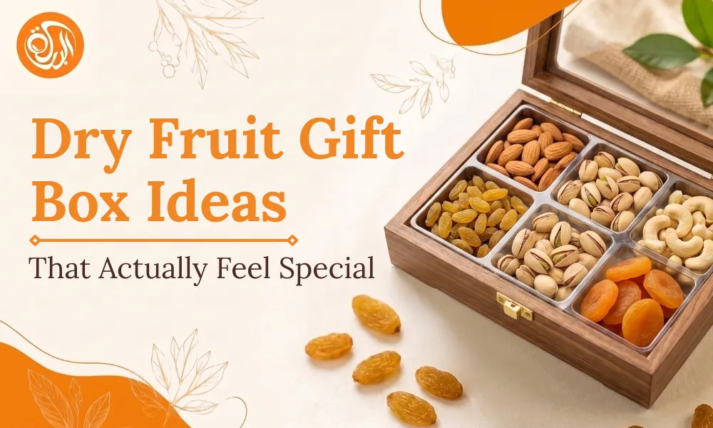 Dry Fruit Gift Box Ideas featuring a premium wooden gift box filled with assorted almonds, pistachios, cashews, raisins, and dried apricots, perfect for elegant gifting and festive occasions.