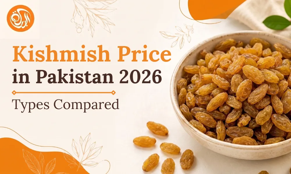 Kishmish Price in Pakistan 2026 All Types Compared featuring a bowl of premium golden raisins, showcasing different kishmish varieties, current market prices, and quality dry fruits in Pakistan.